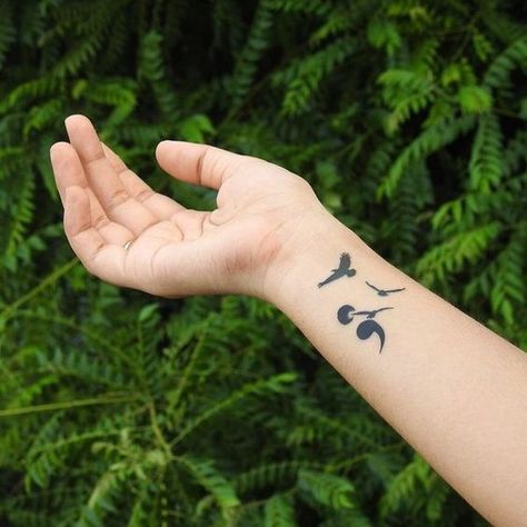 Semi-colon Tattoo With Birds, Semicolon Tattoo Meaning, Semicolon Tattoos, Colon Tattoo, Arrow Tattoos For Women, Wrist Bracelet Tattoo, Mark Tattoo, Tattoo Butterfly, Semicolon Tattoo