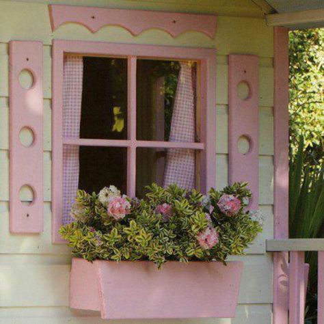 ♥ [I love this whole look, and especially the pink checked curtains.] Playhouse Windows, Pink Window, Pink Cottagecore, Wendy House, Pink Cottage, Beautiful Windows, Cute House, Pink Houses, Window Boxes