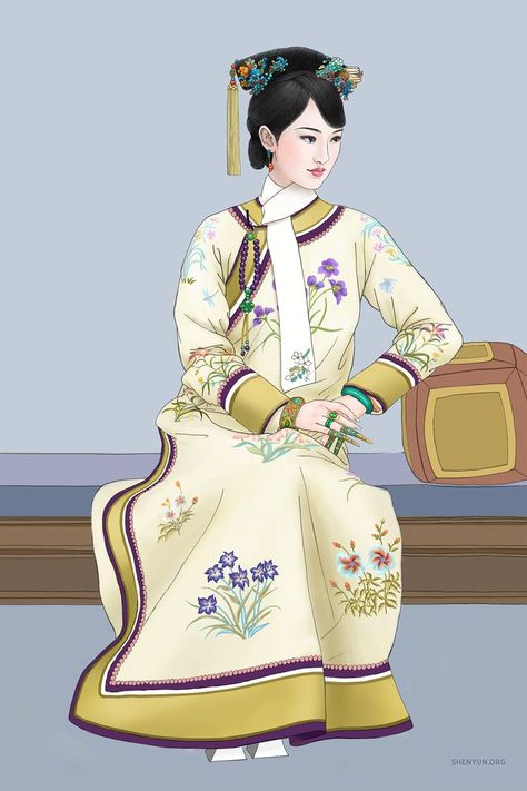 The Manchu princesses of China’s final dynasty, the Qing (1644-1912), were perhaps mostly known for wearing unique hair pieces like the one you see in this image. ⁠ Princess Of China, Qing Dynasty Clothing, Shen Yun, Chinese Traditional Costume, Ancient Chinese Clothing, Unique Hair, Chinese Clothing, Unique Hairstyles, Qing Dynasty