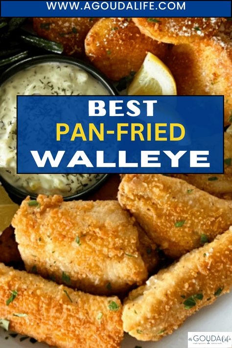 Best fried Walleye - pan sauteed with a light, crispy golden breading and tender, flaky white fish inside. Super quick and easy weeknight meal. #walleye #bestwalleye #friedwalleye #sauteedwalleue #panfriedwalleye #fish #friedfish #bestfish #bestfriedfish #agoudalife Pan Seared Walleye Recipes, Crusted Walleye Recipes, Fried Walleye Recipes Fish Fry, Pan Fried Pickerel Recipes, Pan Fried Walleye Fish Recipes, Fried Pickerel Recipe, Pan Fried Walleye Recipes, Fried Walleye Recipes, Pickerel Recipes