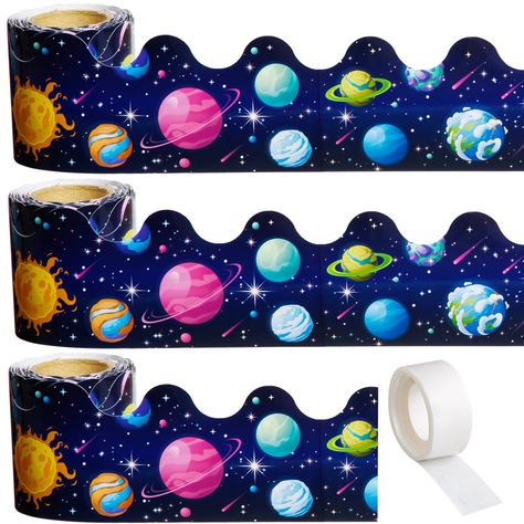 PRICES MAY VARY. Cardstock ✔️【Great Value Set】You will get 3 rolls of outer space pattern borders, in total of 99 feet × 3inch, and a roll of glue point dots for you to stick. With a scalloped edge design, the bulletin board border trim looks more beautiful and fits the need of aesthetic, perfect for decorating classroom blackboards and making them less monotonous. ✔️【Durable Material】Our bulletin board trims were made of quality card stock and not adhesive, thick and sturdy, the roll is compact Galaxy Bulletin Board, Space Bulletin Board Ideas, Space Bulletin Boards, Decorating Classroom, Back To School Chalkboard, Bulletin Borders, Classroom Bulletin Board, Teacher Door, Space Pattern