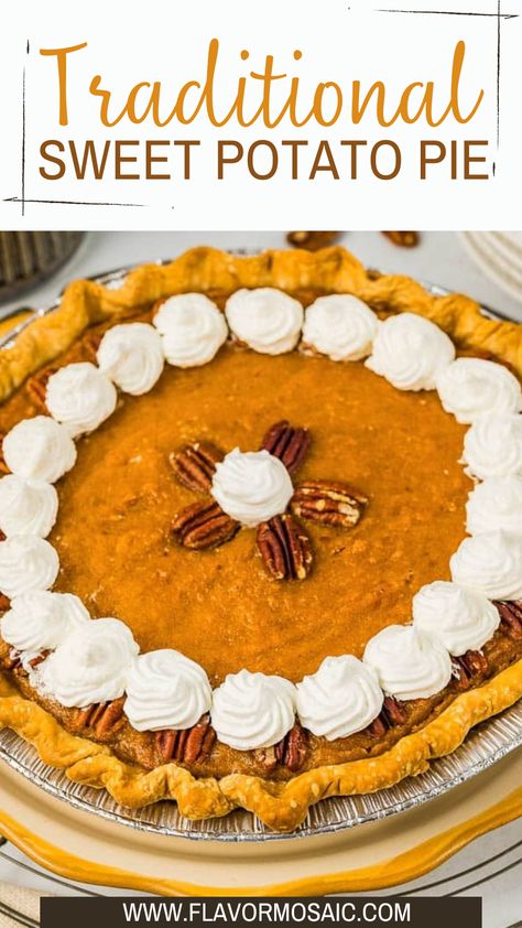 Indulge in the rich, comforting flavors of Traditional Sweet Potato Pie, a timeless dessert that captures the essence of fall. This velvety pie features a buttery crust filled with creamy mashed sweet potatoes, warm spices, and a hint of brown sugar. Topped with pecan halves for a delightful crunch, it’s a delicious centerpiece for any gathering or holiday celebration. Can Sweet Potato Pie Recipe, Old Fashion Sweet Potato Pie Recipe, Mashed Potato Pie, Easy Sweet Potato Pie, Sweet Potato Pie Recipes, Sweet Potato Filling, Southern Sweet Potato Pie, Pecan Halves, Sweet Potato Pie Southern