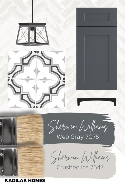 Interior Color Schemes Whole House, Sherwin Williams Web Gray, Gray Kitchen Design, Diy Kitchen Hacks, Deco Tile, Light Gray Cabinets, Bathroom Decor Themes, Grey Kitchen Designs, Kitchen Mood Board