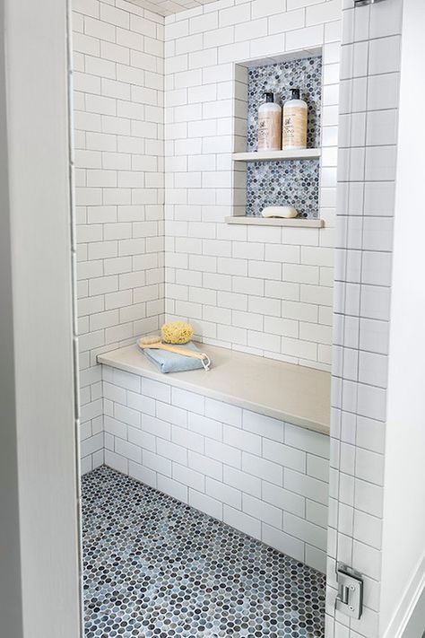 Accent penny tile in niche and on floor. Tile Shower Niche, Subway Tile Showers, Penny Tile, Bad Inspiration, Shower Niche, Bathroom Remodel Shower, Master Bath Remodel, Upstairs Bathrooms, Girls Bathroom