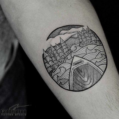 Canoe and landscape tattoo on the left forearm by Jon J Mo Canoe Tattoo Ideas, Canoe Paddle Tattoo, Fishing Tattoos For Women, Kayak Tattoo, Canoe Tattoo, Canoe On Lake, Paddle Tattoo, Cabin Tattoo, Wilderness Tattoo