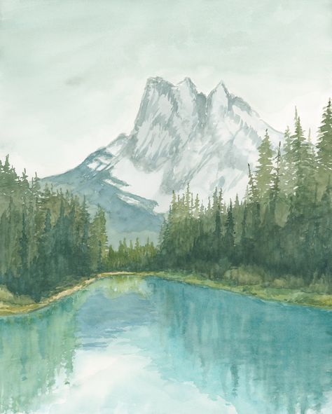 "- FREE SHIPPING within the United States and Canada - Printed In-House and ships from Calgary, Alberta - Ships in 1-3 Business Days - Printed on Thick, Cotton Watercolor Paper - Available in 5x7\" - 24x30\" - Museum Quality Gliceé - Printed with 12 Archival Printed Inks Emerald Lake is like stepping into a different world. There is a real sense of peace and calm and pure magic. The scent of warm forest air and campfires. The shock of feeling alive as you plunge into ice cold, glacier water. Mem Watercolor Art Forest, Watercolor Lake Scene, Forest Painting Watercolor, Forest Watercolor Painting, Mia Sheridan, Lake Watercolor, Ukulele Art, Landscape Painting Watercolor, Feeling Alive