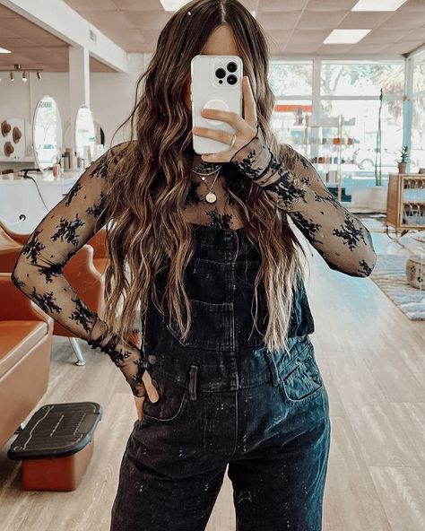 Edgy Southern Fashion, All Black Nashville Outfit Summer, Black Lace Layering Top Outfit, Layering Top Outfit, Mesh Undershirt Outfit Western, Western Boho Fall Outfits, Layered Lace Outfits, Lace Under Shirt Outfit, Lace Top Layering