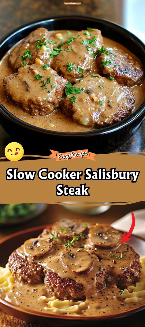 Enjoy the classic comfort of Slow Cooker Salisbury Steak, a savory blend of seasoned ground beef patties cooked in a rich mushroom gravy. This slow-cooked version melts in your mouth and pairs beautifully with mashed potatoes or noodles. #SalisburySteak #SlowCookerDinner #ComfortFood Ground Beef Steaks With Mushroom Gravy, Mock Tender Steak Recipes Slow Cooker, Crock Pot Salisbury Steak Easy, Ground Beef Recipe Crockpot, Crockpot Hamburger Patties, Salisbury Steak In Crockpot, Poor Man's Salisbury Steak, Amish Salisbury Steak Recipe, Salsbury Cube Steak Recipe Crockpot