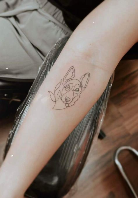 Malinois Tattoo Ideas, German Shepherd Small Tattoo, Fine Line German Shepherd Tattoo, Black Lab Memorial Tattoo, Koda Tattoo, Malinois Tattoo, Tattoo German Shepherd, German Shepherd Tattoos, Puppy Tattoos