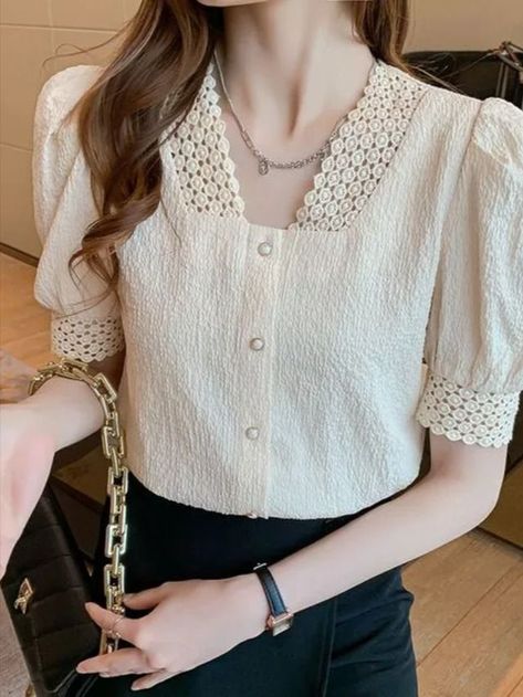 Chiffon Dress Pattern, Long Blouse Designs, Cotton Night Dress, Korean Blouse, Ladies Chiffon Shirts, Lace Trim Blouse, Women White Blouse, Women Blouses Fashion, White Clothing