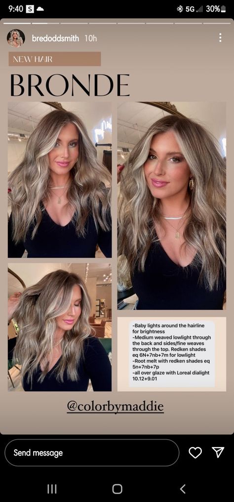 Lowlight Redken Formula, Level 7 Bronde Balayage, Vanilla Mocha Bronde Hair, Blond Color Melt, Balayage Shades Eq Formulas, Blond Hair Formula, All Over Bronde Hair Colour, Ashy Formula Redken, Dimensional Blonde Redken