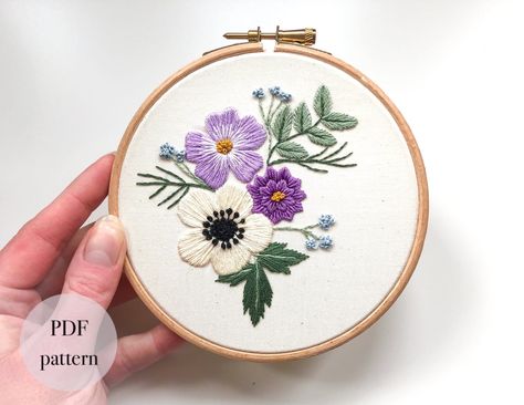 White Anemone Flower Hand Embroidery Pattern, purple floral and wild poppy needlework design instant download Cultural Embroidery, Embroidery Symbols, Embroidery Tricks, Books Embroidery, Hoops Embroidery, Embroidery Quotes, White Anemone Flower, Quotes Embroidery, Embroidery Lettering