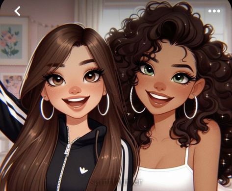 Bff Profile Pictures, Bff Cartoon, Bffs Aesthetic, Bad Dresses, Curly Hair Drawing, Friends Illustration, Black Couple Art, Bff Drawings, Disney Princess Fashion