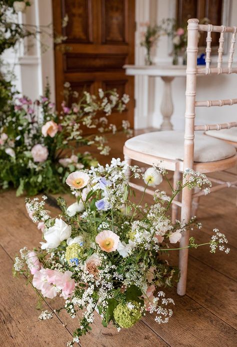 Half Circle Wedding Ceremony Flowers, Isle Flower Arrangements, Rustic Wedding Aisle Flowers, Meadow Arrangement Ceremony, Wedding Flowers Meadow, British Spring Wedding Flowers, Sage Greenery Wedding, Whimsical Garden Wedding Ceremony, Meadow Aisle Wedding