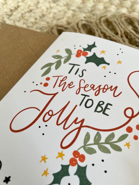 This festive personalised Christmas card is the perfect finishing touch this season. Making a great keepsake to frame after, each card is hand personalised making each unique and bespoke to you. This digitally designed card is printed on A6 300gm2 white card and comes with a Kraft or white matching envelope. Simply use the personalisation box provided to include the writing you would like added to the card. If you want to send direct, no problem! Include the message you would like written inside and I can send this direct for you. DETAILS- A6 finished card, printed on white 300gm2 card- Comes with true to size Kraft brown or white envelope- Digitally designed and printed- ALL personalisation is hand drawn and finished- Each card is placed in a protective cello bag, placed in a hard back do Hand Drawn Christmas Cards Simple, Christmas Card Phrases, Merry Christmas Card Diy, Easy Christmas Cards Handmade, Christmas Card Calligraphy, Christmas Card Text, Christmas Text Messages, Christmas Hand Lettering, Calligraphy Christmas Cards