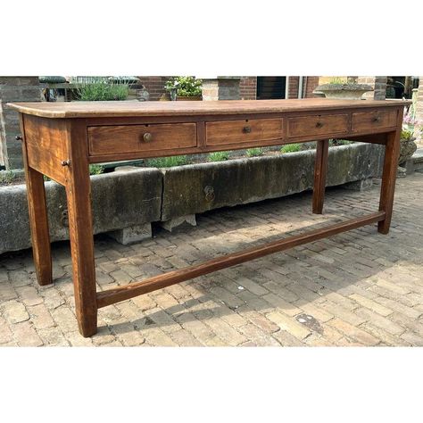 Superb Antique French Refectory or Farmhouse Side Table in Pine wood with 4 drawers.  It has exactly the great lived-in look with a warm color patina, beveled corners and legs and with wooden connections.  The beautiful top has old signs of wear, the table as a whole has a very lively appearance.  Very decorative and practical in the kitchen as a side (work) table or in a spacious hall or living room.    In good condition, sturdy construction, heavy quality wood. Farmhouse Cottage Furniture, Antique Kitchen Work Table, Primitive Console Table, Antique Work Table Kitchen Islands, Antique Table As Kitchen Island, Antique Hall Table, Kitchen Work Table Island, Antique Table Kitchen Island, Antique Farmhouse Table