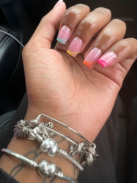 Color Short French Tip Nails, Colorful Summer French Tip Nails, Summer French Tip Nails Square Short, Easter Nails Black Women, Short Simple Nail Sets, Colorful Short Acrylic Nails, French Tips Summer Nails, Spring Color Nails Acrylic, Outline Nails Short