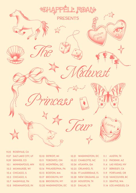 poster for the north american leg of chappell roan's 'the midwest princess' tour 2024. designed by ramisha sattar. Chappel Roan Poster Aesthetic, Event Poster Aesthetic, Posters Chappel Roan, Chappell Roan Poster Print, Chappel Roan Tattoo, Chappell Roan Print, Chapel Roan Poster, Chappell Roan Tattoo Ideas, Chappell Roan Midwest Princess