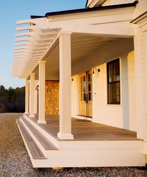 Lake House Porch, Front Porch Landscape, Exterior Blinds, Front Porch Addition, Porch Landscaping, Farmhouse Architecture, Porch Addition, Home Exterior Makeover, Farmhouse Remodel