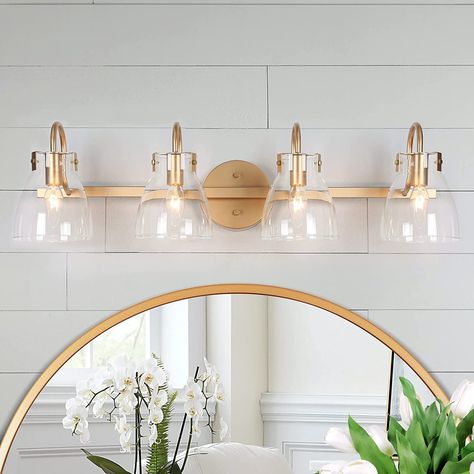 Bathroom Light Fixtures Modern, Gold Mirror Bathroom, Modern Vanity Lights, Gold Bathroom Light Fixtures, Vanity Lights Over Mirror, Gold Bathroom Fixtures, Glass Bathroom Vanity, Bathroom Lights Over Mirror, Bathroom Vanity Light Fixture