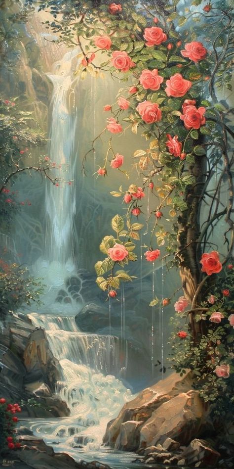 Waterfalls Acrylic Painting, Flower Forest Painting, Impressive Paintings, Art With Nature, Beautiful Paintings Of Nature, Waterfall Painting, Beautiful Summer Wallpaper, Waterfall Paintings, Texture Painting On Canvas