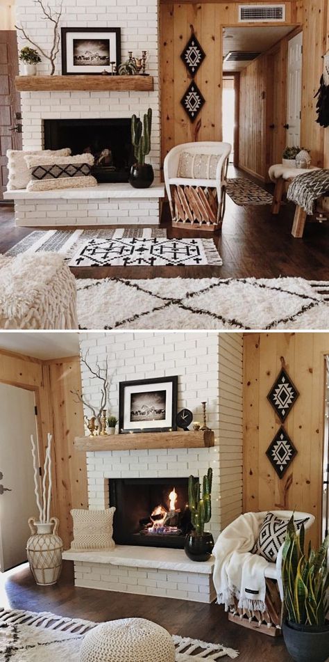 Aztec Diamonds by Northwood Supply at Angie May's "Our Happy Cabin" Southwest Boho Fireplace, Aztec Style Home, Southwest Aztec Decor, Aztec Lounge Room, Aztec Apartment Decor, Modern Boho Cabin, Boho Cabin Decor Living Room, Southwestern Mantle Decor, Aztec Boho Decor