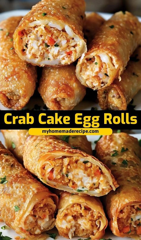 These crab cake egg rolls are the best egg rolls for seafood lovers. Crispy on the outside and filled with savory crab cake, they’re the ultimate egg rolls for appetizers or snacks Crab Egg Rolls Recipes Air Fryer, Southern Crab Beignets Recipe, Crab Omelette Recipe Breakfast, Crab Cake Eggrolls, Crab Cake Eggroll Recipe, Egg Rolls Ideas, Savory Egg Rolls, Jambalaya Egg Rolls, Shrimp And Crab Egg Rolls