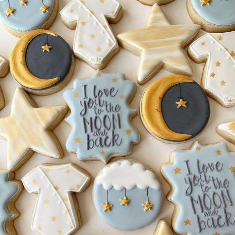 Madison Koutrouba on Instagram: “I love you to the moon and back🌙” Moon And Back Cookies, Love You To The Moon And Back Gender Reveal, Love You To The Moon And Back Cookies, Over The Moon Cookies Decorated, Love You To The Moon And Back Baby Shower Theme, To The Moon And Back Cake, Love You To The Moon And Back Babyshower Theme, Love You To The Moon Baby Shower Theme, Over The Moon Baby Shower Cookies