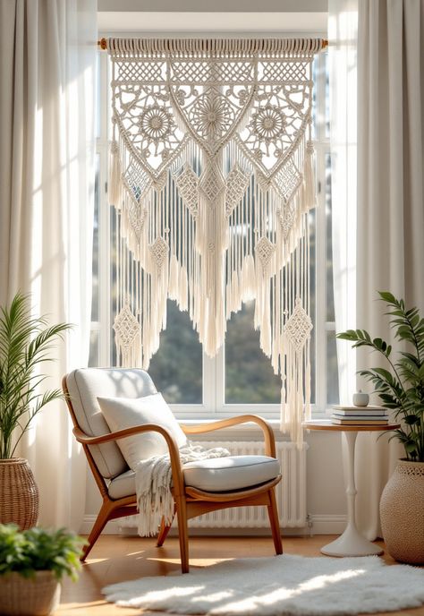 Boho Window Treatments Bohemian Window Curtains, Macrame Window Covering, Boho Bathroom Window Treatments, Boho Blinds, Boho Valances For Windows, Macrame Window Curtain Diy, Macrame Curtains Window Coverings, Window Macrame, Bohemian Window Treatments