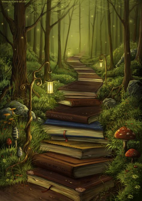 The Reader's Path | Wee Folk Art Buku Skrap, Wow Art, 판타지 아트, Pics Art, Cartoon Illustration, Fantasy World, In The Woods, Book Nerd, Book Worms