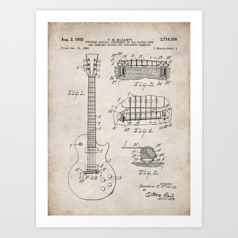 Music Room Art, Guitar Posters, Fender Precision Bass, Les Paul Guitars, Patent Drawing, Poster Store, Patent Art, Guitar Art, Fender Bass