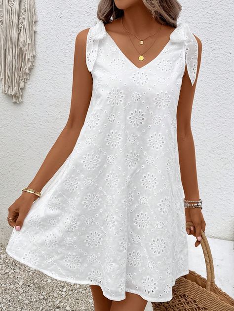 White Casual Collar Sleeveless Woven Fabric Plain Tank Embellished Non-Stretch  Women Clothing Womens Boho Dresses, White Boho Dress, Lace Trim Dress, Wrap Around Dress, Cocktail Attire, Floral Embroidered Dress, Evening Attire, Stunning Dresses, Dress Backs