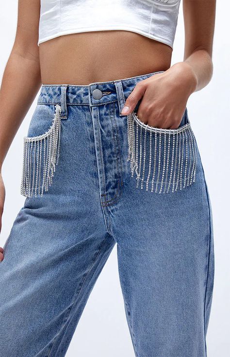 Jeans With Pearls On Them, Diy Rhinestone Pants, Rhinestone Jeans Diy, Diy Rhinestone Jeans, Nashville Jeans, Gemstone Jeans, Rhinestone Jeans Outfit, Jeans With Diamonds, Rhinestone Fringe Jeans