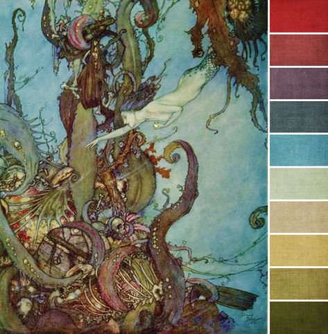 July color palette Hans Andersen, Mermaid Poster, Edmund Dulac, Sea Illustration, Mermaid Illustration, Hans Christian, Snow Queen, Mermaid Art, Colour Palettes