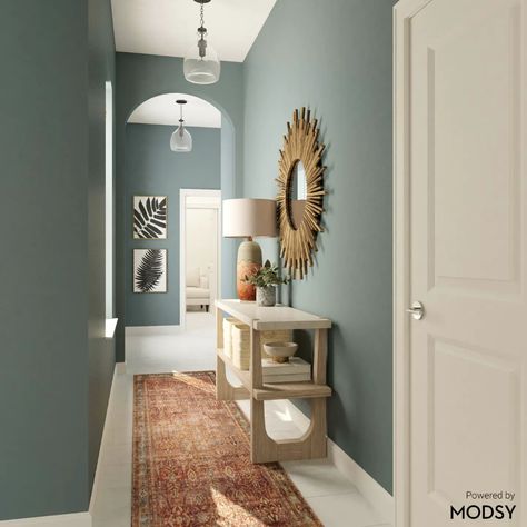 Entryway Design Ideas and Styles from Modsy Designers Blue Hallway Ideas, How To Decorate A Hallway, Decorate A Hallway, Grey Hallway Ideas, Hall Paint, Foyer Colors, Entryway Colors, Entryway Paint, Green Entryway