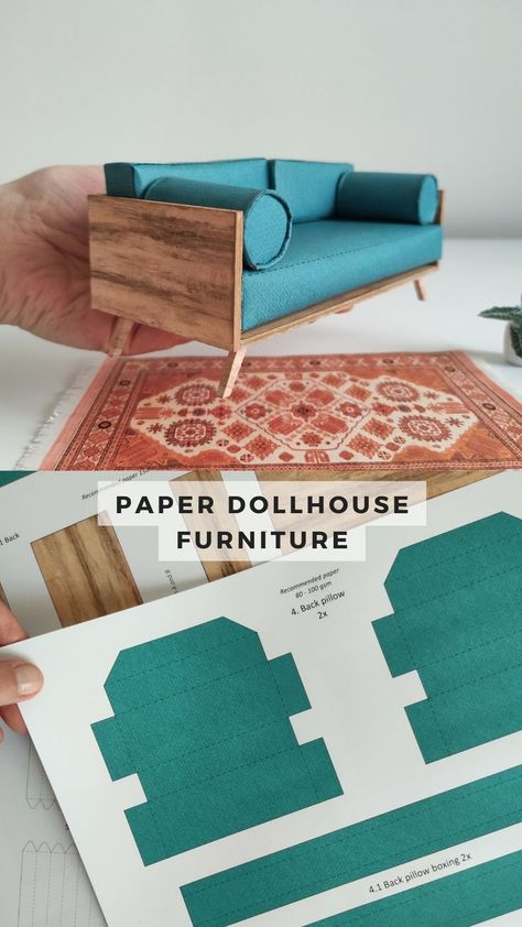 Check out nimu1326’s shop on Patreon... Paper Craft Furniture, 1 12 Scale Miniatures Printables Free, Miniature Printables Templates, Wood Frame Sofa, Paper Dollhouse, Baby Doll Furniture, Sofa Wood Frame, Free Paper Models, Modern Dollhouse Furniture