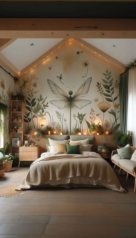 Diy Fairy Garden Room Decor, Fairyland Bedroom Ideas, Forest Themed Room Aesthetic, Fairy Inspired House Interior, Fairy House Inspiration, Elven Core Aesthetic, Green Fairy Room Aesthetic, Meadow Themed Bedroom, Fairy Style Bedroom