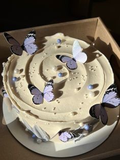 White Birthday Cake With Butterflies, Mini Cakes Butterfly, Butterfly Cake 7th Birthday, Birthday Cakes With Butterflies, Butterfly Cake Aesthetic, Aesthetic Butterfly Cake, Cake Butterfly Design, Lilac Butterfly Cake, Aethstetic Cake