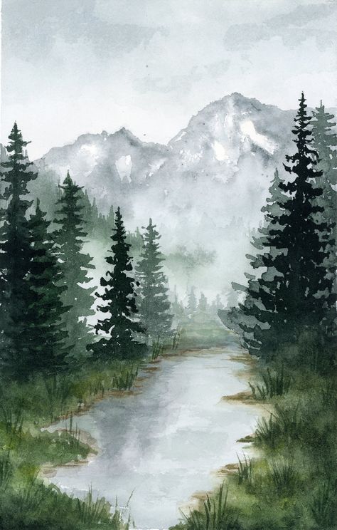 Watercolor Pine Trees Forest Landscape Misty Mountains Artwork Pine Trees Evergreen Forest Art - Etsy Ukraine Pine Tree Watercolor Tutorial, Pine Tree Forest Painting, Watercolor Forest Paintings, Painting Evergreen Trees, Watercolour Pine Trees, Forest Watercolor Painting Easy, Watercolor Art Forest, How To Paint Pine Trees, Pine Forest Drawing