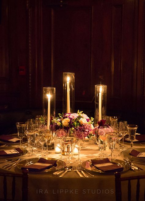 Wedding table Candle And Flower Centerpieces, Centerpieces Round Table, Candle And Flower, Taper Candle Centerpiece, Burgundy Candles, Colin Cowie Wedding, Candle Centerpiece, Vintage Autumn, Wedding Tablescapes