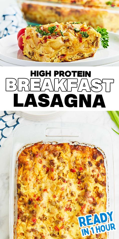 Collage of two images of a Breakfast Lasagna. Breakfast Meats For A Crowd, Layered Breakfast Lasagna, Sausage Gravy Breakfast Lasagna, Keto Breakfast Lasagna, Lasagna Breakfast Casserole, Breakfast Lasagna With Pancakes, Breakfast Lasagna Hashbrown, Breakfast Link Sausage Recipes, Breakfast Ideas For Two People