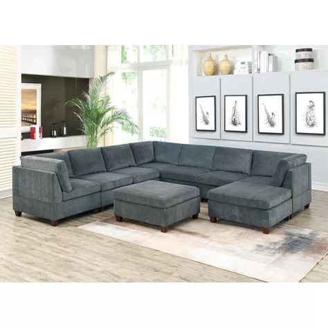 Latitude Run Angrand 134" Reversible Modular Sectional with Ottoman | Wayfair Sofa Modular, Gray Sectional, Sectional Ottoman, Sectional With Ottoman, Grey Sectional, Modern Couch, Modular Sectional Sofa, Types Of Sofas, Upholstered Sectional