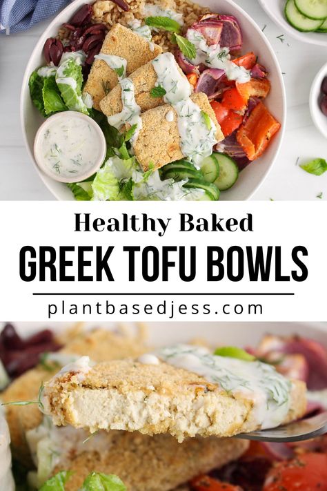 View on a Mediterranean Greek tofu bowl. Greek Vegan Bowl, Mediterranean Tofu Bowl, Greek Tofu Bowl, Greek Tofu, Vegan Picnic Food, Hummus Sauce, Greek Vegetables, Breaded Tofu, Tofu Bowl