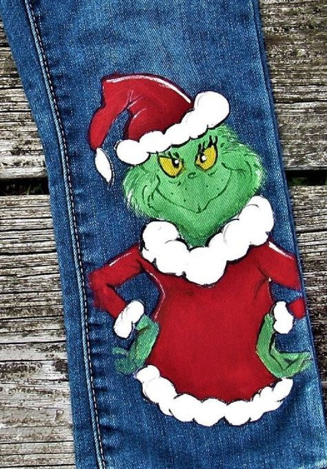 Grinch Jeans, Christmas Jeans, Denim Painting, Paint Jeans, Hand Painted Jeans, Jean Art, Painting Clothes, Christmas Pants, Teacher Shoes