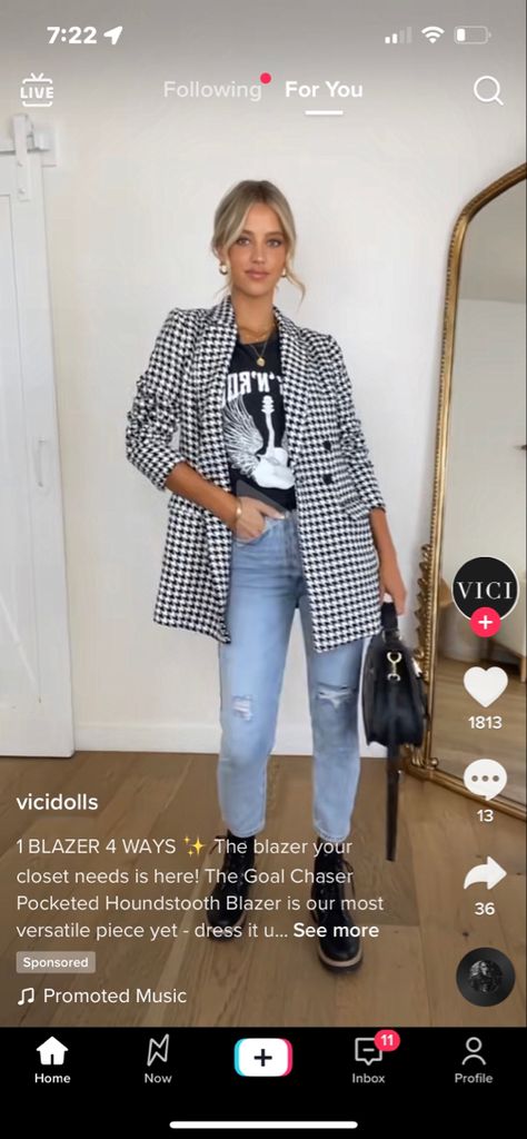 Checkerboard Jacket Outfit, Style Houndstooth Blazer, Black Checkered Jacket Outfit, Dog Tooth Blazer Outfit, Checker Blazer Outfit, Black And White Checkered Blazer Outfit, Hounds Tooth Blazer Outfit, Houndstooth Blazer Outfit Street Style, Dogtooth Blazer Outfit