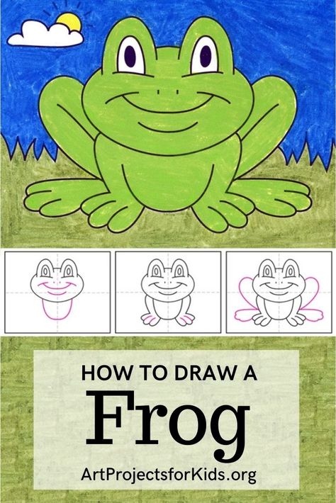 Learn how to draw a Cartoon Frog with an easy step-by-step PDF tutorial. #tutorial #howtodrawforkids #frog #cartoonfrog Frog Directed Drawing, Cute Frog Painting Easy, Frog Drawing Simple, Frog Painting Easy, Directed Drawing For Kids, Frogs Drawing, Frog Tutorial, Frogs For Kids, Draw A Frog