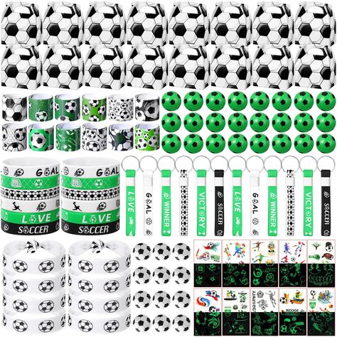 PRICES MAY VARY. Soccer Theme Party Favors: you will receive 24 pieces of soccer slap bracelets, 24 pieces of gift boxes, 24 pieces of keychains, 24 pieces of silicone bracelets, 24 pieces of ties wristbands, 24 pieces of erasers, 24 pieces of bouncy balls, and 24 pieces of luminous tattoos, the complete set will meet your need of party use Soccer Themed Design: the soccer theme party favors are designed with the theme of soccer, full of the elements of soccer, cute and lovely, which will add so Sport Themed Party, Soccer Party Favors, Soccer Theme Parties, Soccer Theme, Bracelet Keychains, Hair Tie Bracelet, Bouncy Ball, Bouncy Balls, Slap Bracelets