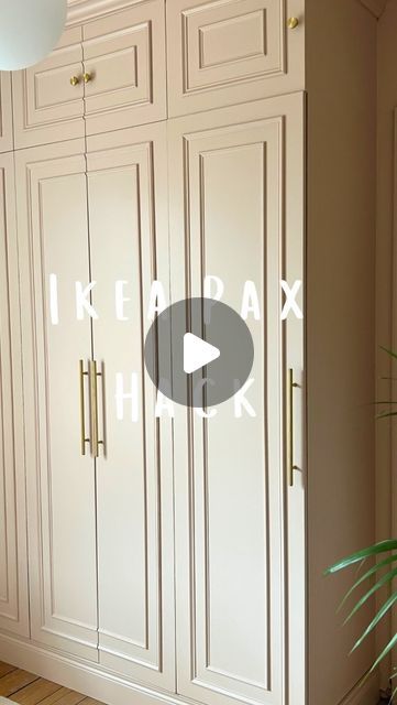 Ｌａｕｒａ Ｍａｇｅｅ on Instagram: "Dressing room reveal part 2: using my favourite Ikea Pax hack!   Another Ikea hack…because well, why not!   The bespoke looking wardrobes are in fact Ikea pax. See below process for the bespoke effect:  -base built from wood to lift wardrobes off the ground. -skirting is carried along the front of base to conceal it and blend the wardrobes into the room. -doors made from MDF with help from a joiner -pelmet from b&q added to top of wardrobes to make it look like a genuine period feature of the room. - beading/trims added to front of doors to make them look Victorian. - door fronts for drawers made using MDF and beading to match the wardrobe door fronts.  -sides of wardrobe didn’t need padding out (unlike master bedroom) as the wardrobe wasn’t within an alcove.   I Victorian Built In Wardrobe, Pax Wardrobe Door Hack, Ikea Pax Wardrobe Hack Built Ins, Ikea Pax Grimo, Panelled Wardrobe Doors, Ikea Pax Bedroom, Ikea Pax Wardrobe Doors, Ikea Floating Cabinet, Luxury Wardrobe Door Designs