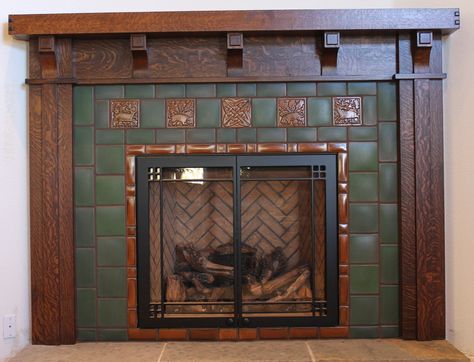 Arts And Crafts Fireplace, Fireplace Inspiration, Craftsman Fireplace, Craftsman Tile, Arts And Crafts Tile, Backsplash Tile Design, Diy Fireplace Makeover, Tile Fireplace, Craftsman Interior