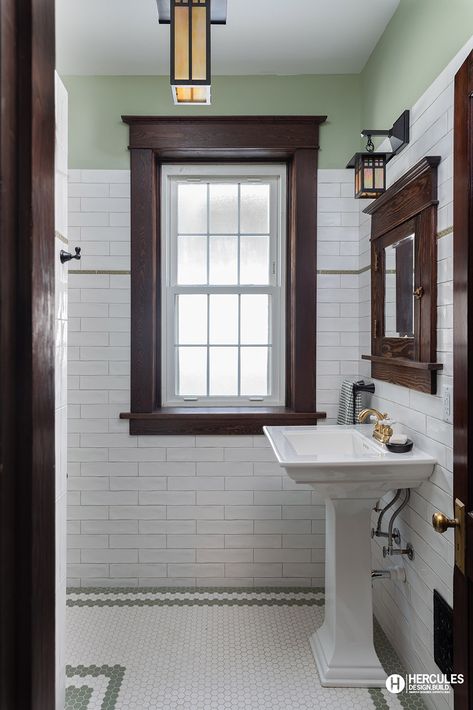 Rustic Craftsman Bathroom, 1920s Craftsman Interior, Arts And Crafts Bathroom Ideas, 1940s Small Bathroom Remodel, Craftsman Bathroom Lighting, 1918 Craftsman House, Craftsman Tile Bathroom, Craftsman Home Bathroom, Small Craftsman Bathroom Ideas